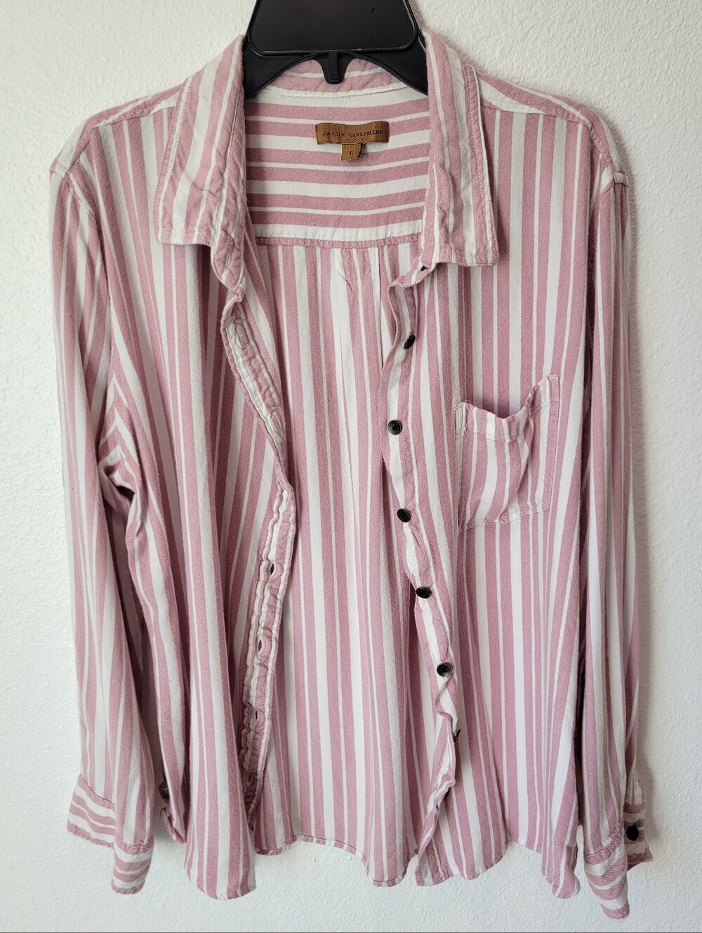 Jach’s Girlfriend Womens L Pink White Striped Rayon Button Up Coastal Shirt